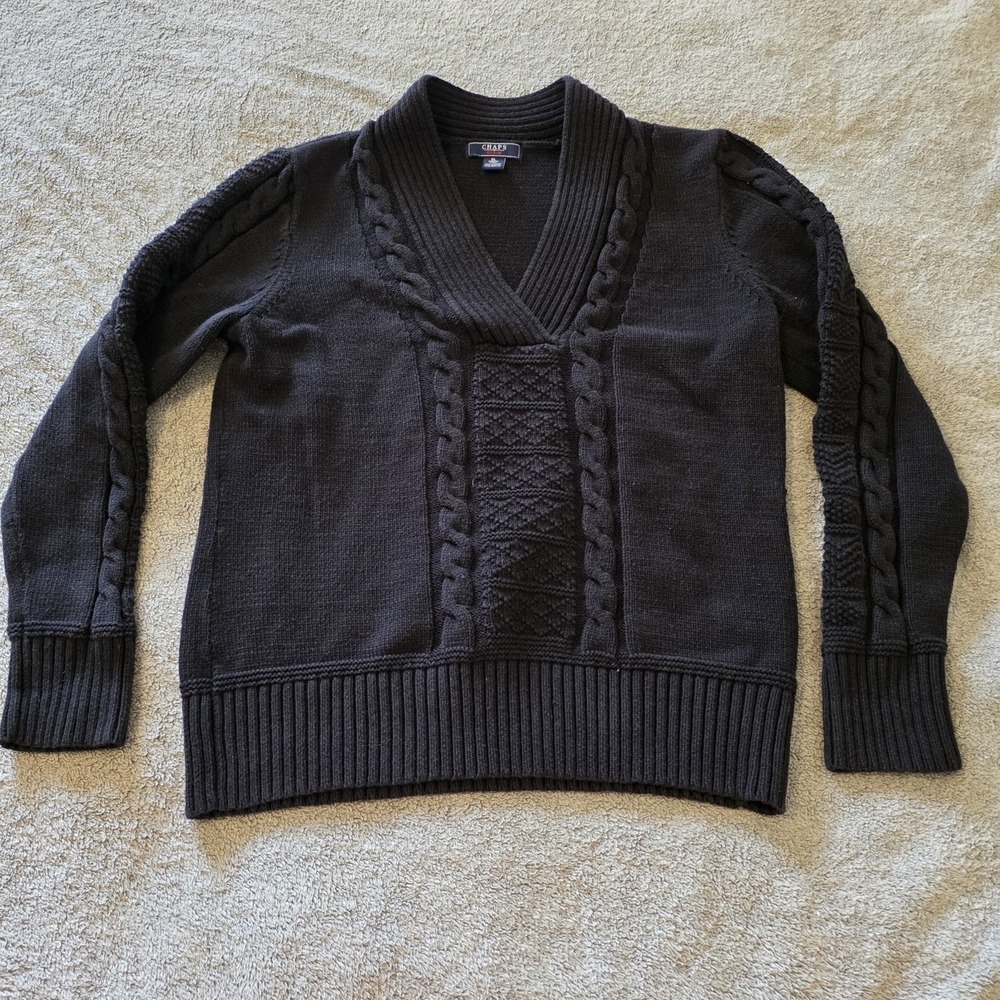CHAPS Women's Heavy Cable Knit Fisherman Sweater‎ Shawl Collar Black XL Cozy